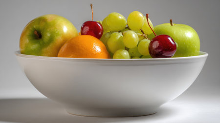 A visually appealing arrangement of fresh fruits including apples, oranges, grapes, and cherries in a clean white bowl. This image captures the essence of healthy eating, perfect for promoting nutrition and freshness.の素材