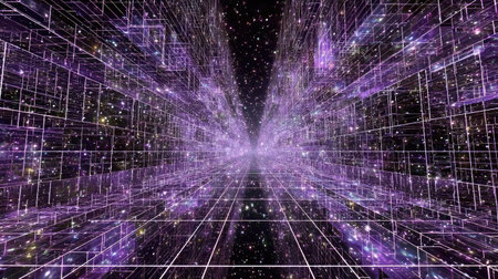 An imaginative portrayal of a cosmic tunnel bathed in vibrant purple light and intricate grid patterns, suggesting an infinite digital universe and exploration.の素材