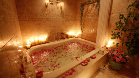 An elegant bathroom featuring a luxurious tub filled with rose petals, surrounded by soft candlelight, creating a peaceful haven for relaxation and self-care.の素材