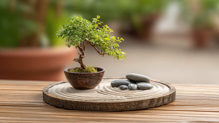 A peaceful arrangement featuring a miniature bonsai tree on sand accompanied by smooth stones. This scene evokes tranquility and harmony in a tranquil indoor garden.の素材