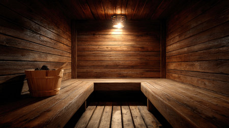 Experience tranquility in this wooden sauna, featuring warm lighting and a rustic interior that invites relaxation and rejuvenation in a serene environment.の素材