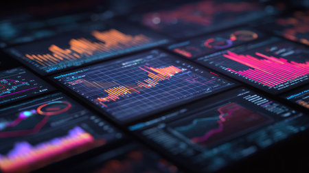 This image showcases colorful data visualizations on multiple screens, featuring various graphs and charts that display financial trends and insights.の素材