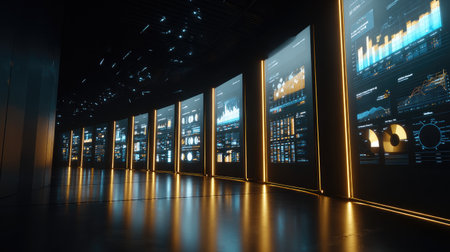 A futuristic workspace featuring a series of illuminated digital displays showcasing various data visualizations in a high-tech environment.の素材