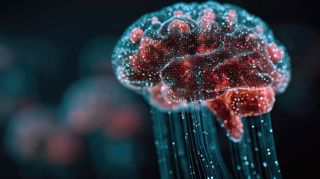 This digital artwork captures a vibrant and abstract representation of a brain formed from glowing particles and neon lights. The intricate details highlight the complex neural connections, suggesting themes of intelligence, technology, and imagination in a dark, atmospheric background.の素材