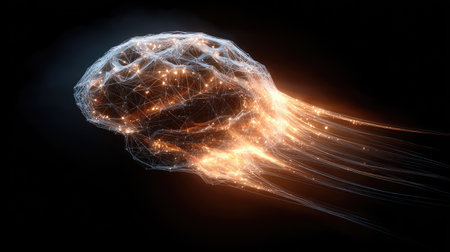 This captivating image showcases an abstract representation of a luminous brain combined with flowing light trails, symbolizing creativity and intelligence.の素材