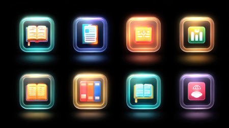 A vibrant collection of glowing icons depicting education-related themes, including books, documents, and statistics, ideal for digital design applications.の素材