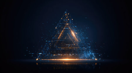 Stunning abstract digital pyramid composed of glowing lines and particles, set against a dark background, representing innovation and modern technology.の素材