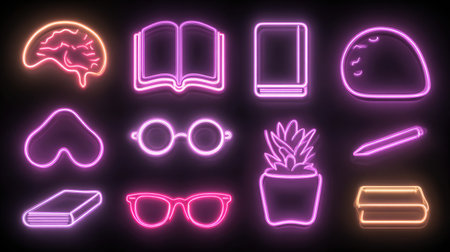 A vibrant collection of neon icons showcasing diverse elements such as a brain, books, glasses, and plants. Perfect for creative projects and modern designs.の素材