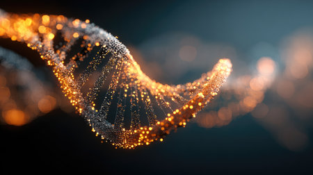 This image showcases an abstract artistic representation of a DNA double helix, illuminated by glowing particles against a dark background, symbolizing scientific exploration.の素材