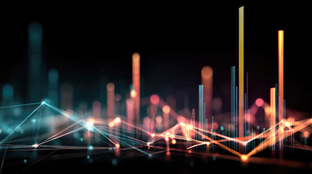 This abstract image showcases a digital data visualization theme, featuring colorful lines and illuminated gradients against a dark background. Perfect for technology and analytics projects.の素材