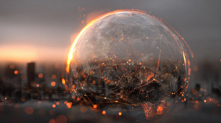 This stunning image features a digital globe symbolizing global connectivity set against a modern city skyline at dusk. The glowing lines and particles create an engaging visual effect, representing the intricate network of our interconnected world.の素材