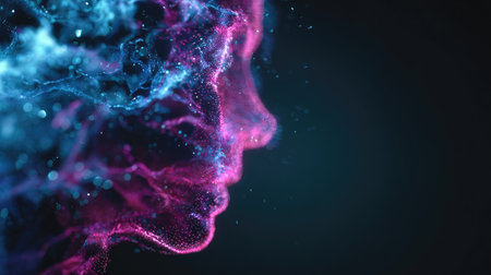 This captivating digital artwork showcases a woman's profile formed from vibrant light particles in blue and pink hues, exemplifying modern creativity and ethereal beauty.の素材