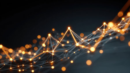 A captivating abstract representation of glowing lines and nodes creating a dynamic wave effect, symbolizing data flow and connection in technology.の素材