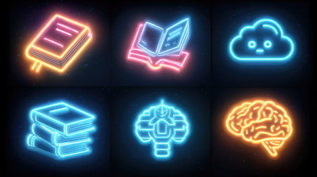 This vibrant digital illustration showcases neon icons representing learning and knowledge, featuring books, a brain, a robot, and a cloud, all on a dark background.の素材
