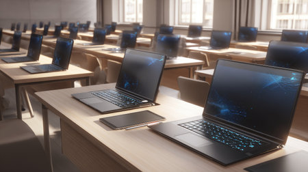 Spacious modern classroom featuring rows of laptops and tablets on neatly arranged desks, ideal for facilitating interactive learning experiences and digital education.の素材