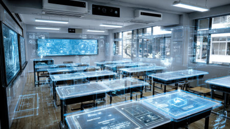 A futuristic classroom featuring digital interfaces and modern learning tools. This space promotes innovation and interactive education, enhancing student engagement.の素材