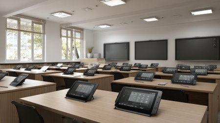 This modern classroom showcases a collaborative learning space with interactive displays and tablets on neat desks, promoting a versatile educational environment.の素材