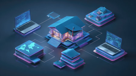 This digital illustration showcases a modern house surrounded by laptops and data layers, symbolizing remote connectivity and smart home integration.の素材
