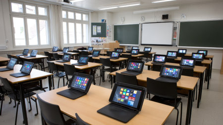This image showcases a modern classroom filled with empty desks and laptops, emphasizing the integration of technology in education. Ideal for learning environments.の素材