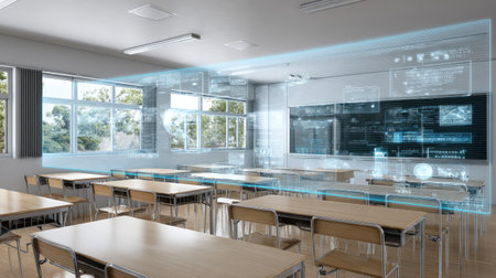A modern classroom featuring innovative digital technology and transparent displays that enhance the learning experience and engagement in education.の素材