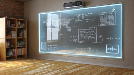 A contemporary classroom featuring an interactive glass wall with educational charts and clear display elements, designed for modern learning experiences.の素材
