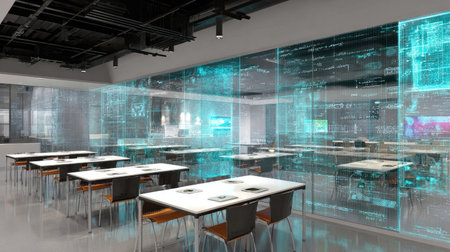 A modern classroom featuring transparent walls and digital elements, creating an innovative learning environment with sleek furniture and advanced technology.の素材