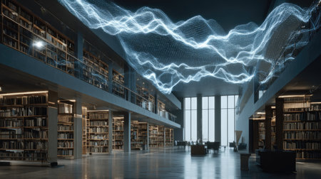 A stunning modern library interior showcasing expansive bookshelves and a unique digital wave pattern overhead, creating a captivating atmosphere for learning and inspiration.の素材
