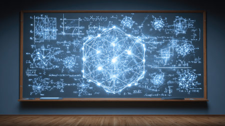 This image showcases a chalkboard filled with abstract scientific concepts, featuring a blend of mathematical equations and geometric shapes, ideal for educational use.の素材