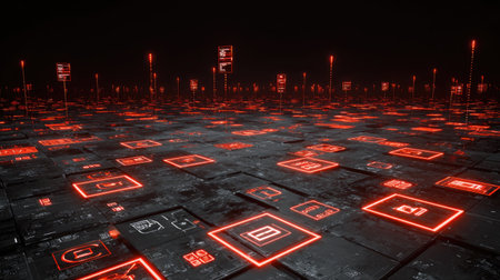 This striking digital landscape showcases glowing red icons and circuits against a dark ground, creating a captivating futuristic environment with a technological theme.の素材