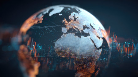 Stunning visual representation of Earth showcasing intricate data waves and global connections, ideal for themes of technology, analytics, and innovation.の素材