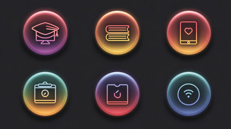 Explore a collection of vibrant, neon-glow icons representing education and technology. Each circular design features unique symbols, ideal for modern digital projects.の素材