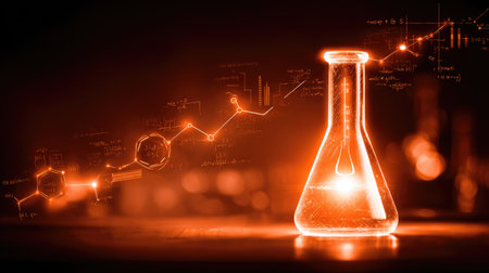 This visually striking image depicts a glass flask filled with liquid, set against a backdrop of chemical symbols and data graphs. The warm orange glow creates an engaging atmosphere, perfect for themes of chemistry and scientific discovery.の素材