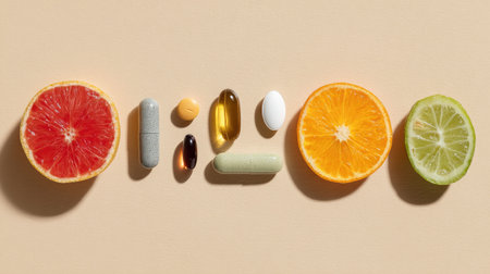 A vibrant display featuring citrus fruit slices alongside assorted dietary supplements, emphasizing health and wellness in a modern aesthetic. Perfect for promoting nutrition themes.の素材