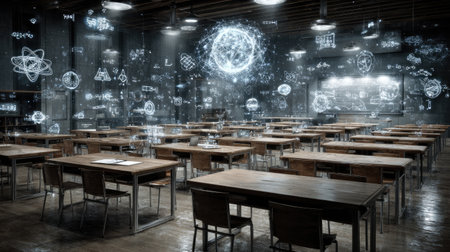 A contemporary classroom showcases numerous empty desks surrounded by enchanting holographic scientific illustrations and equations, creating an inspiring environment for learning.の素材