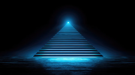 A striking blue pyramid radiates light against a dark backdrop, featuring illuminated steps that create a mesmerizing visual effect. Perfect for abstract themes.の素材