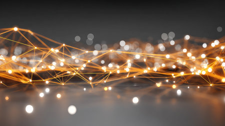 An abstract representation of glowing nodes and interconnected lines, illustrating the essence of digital communication and technology in a modern setting.の素材