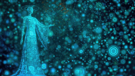 This captivating abstract image depicts a graceful figure amidst a swirling sea of luminous blue patterns, evoking themes of creativity and exploration in a digital realm.の素材