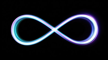 This striking illustration features a vibrant infinity symbol, glowing with neon light on a sleek black background, perfect for artistic and abstract concepts.の素材