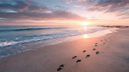 A stunning beach scene at sunrise captures footprints in the warm sand, gentle waves lapping the shore, and a serene atmosphere perfect for relaxation.の素材