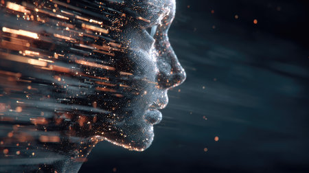 This stunning abstract image captures a digital human head in profile, showcasing motion blur and glowing particles that symbolize innovation and technology.の素材