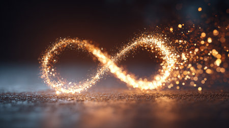 A mesmerizing glowing infinity symbol crafted from sparkling particles set against a dark background, representing eternity and limitless possibilities.の素材