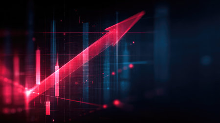 Vibrant abstract digital graphic illustrating a rising trend with a prominent red arrow against a dark background. Ideal for finance and business themes.の素材