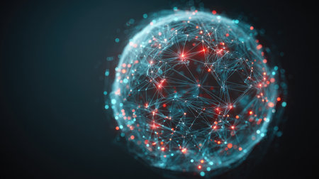 This abstract digital globe illustrates a complex network of connected nodes, representing concepts of technology and data in a modern design. The vibrant colors create a striking visual.の素材