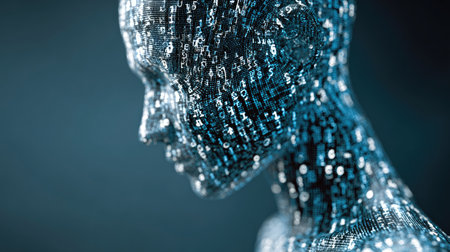 This striking image features a side profile of a human form, intricately composed of digital numbers and codes, embodying themes of advanced technology and artificial intelligence, showcasing a fusion of humanity and digital innovation.の素材
