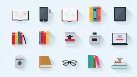 A vibrant collection of educational and office supply icons, perfect for enhancing digital learning and study environments with a modern touch.の素材
