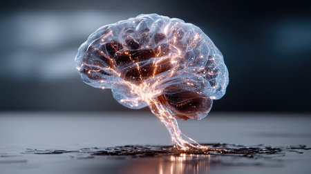 This abstract illustration features a glowing human brain emitting electric sparks, set against a fluid environment, capturing the essence of creativity and intelligence.の素材