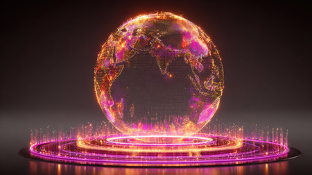 A stunning 3D representation of a glowing globe surrounded by vibrant particles, perfect for themes of technology, innovation, or digital communication.の素材