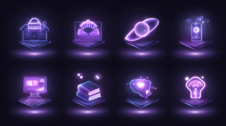 This image features a collection of modern neon icons symbolizing education, technology, and communication, ideal for digital applications, presentations, or creative projects.の素材