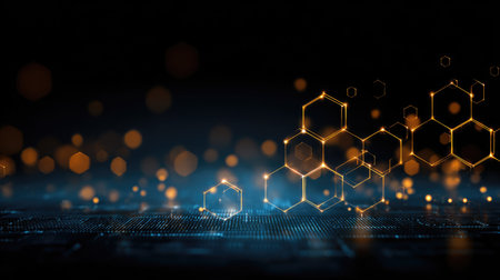 This abstract digital background features glowing hexagonal shapes amidst a shimmering bokeh effect, creating a modern and futuristic ambiance perfect for tech projects.の素材