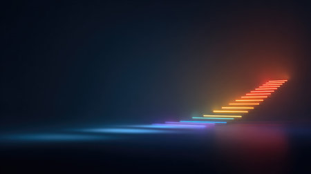 A mesmerizing neon staircase illuminated with vibrant colors stands out against a dark backdrop. This image captures an artistic vision, creating a surreal atmosphere perfect for visuals in creativity and design.の素材
